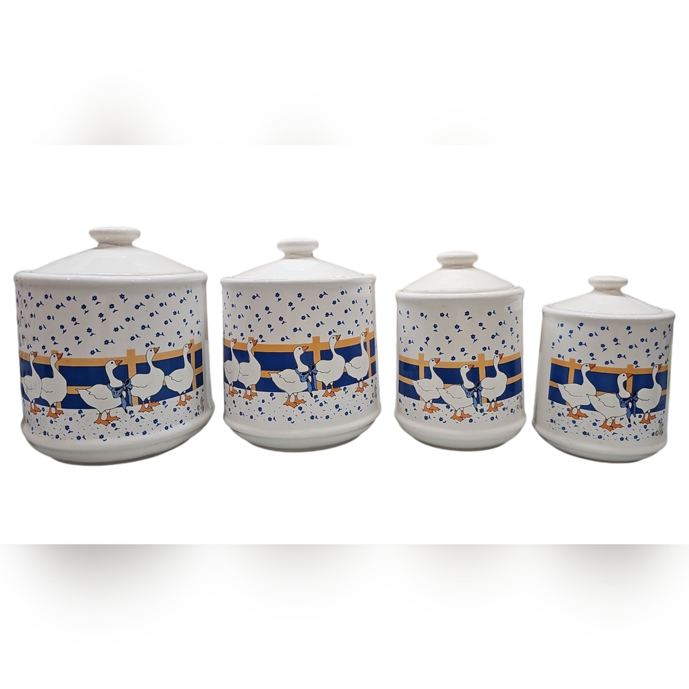 Vintage Ceramic Ducks Geese Country Canisters flowers blue white 4 Various Sizes